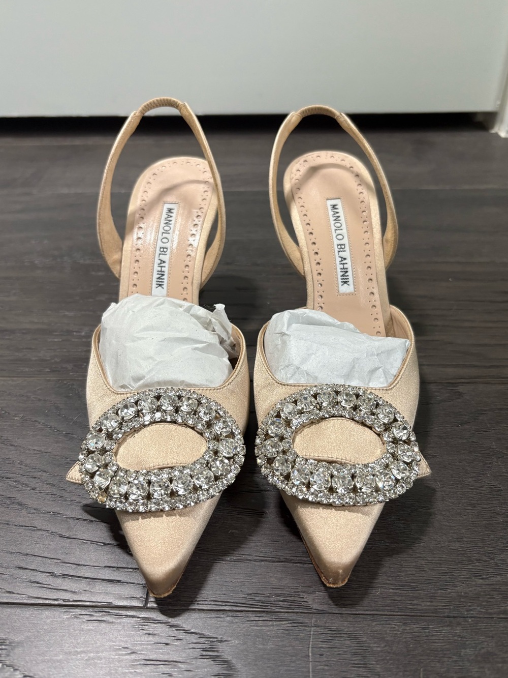 Manolo Blahnik Champagne Satin Pointed Slingback Pumps with Crystal Oval Buckle
